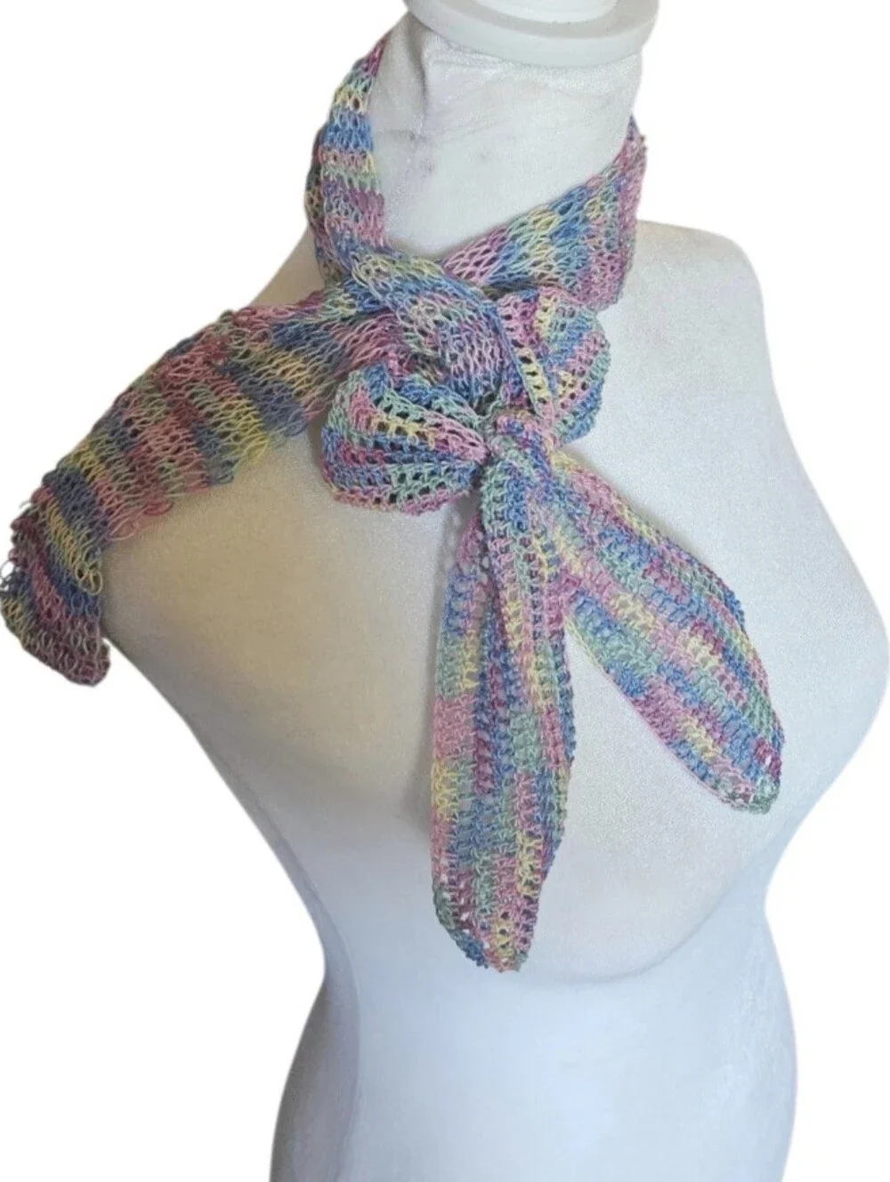 Handmade Crochet Lace Scarf Pastel Blossom Bow Egyptian Cotton Knit Neck Wrap
